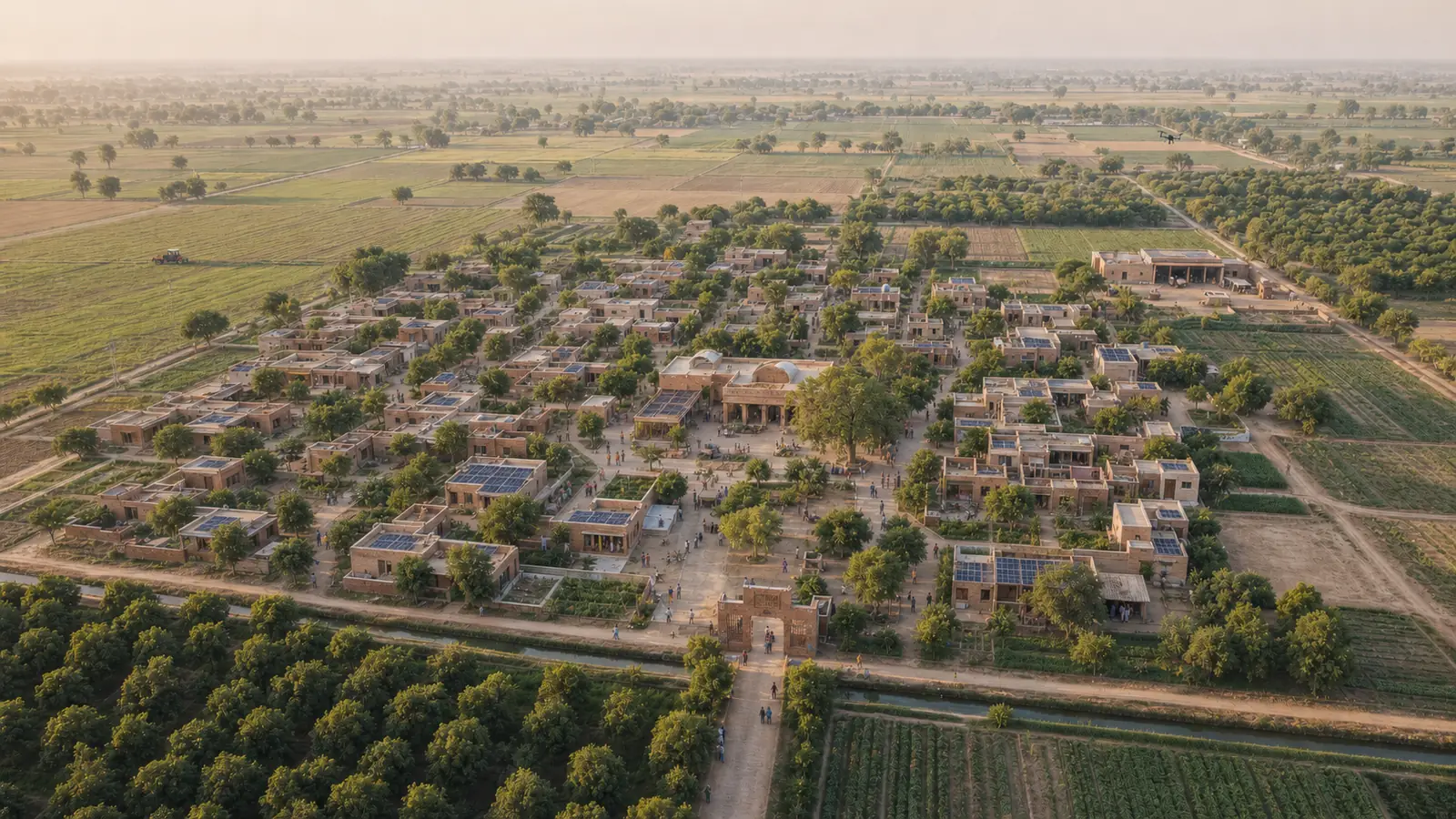 Concept visualization of a compact Network Village surrounded by fields and orchards.
