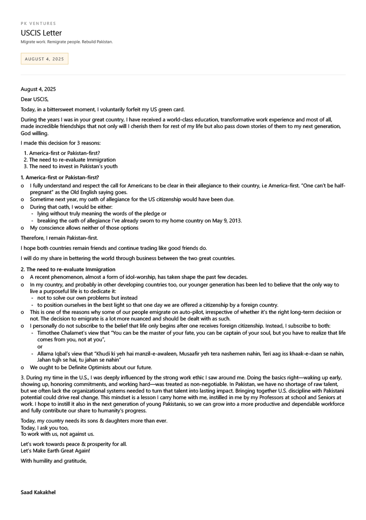 USCIS letter on choosing Pakistan-first